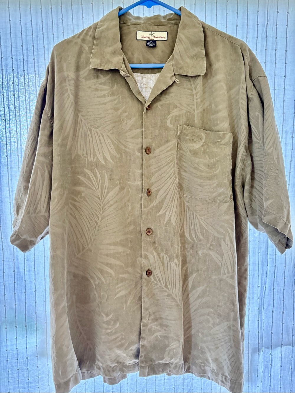 Tommy Bahama Olive Palm-Print Silk Hawaiian Aloha Shirt
